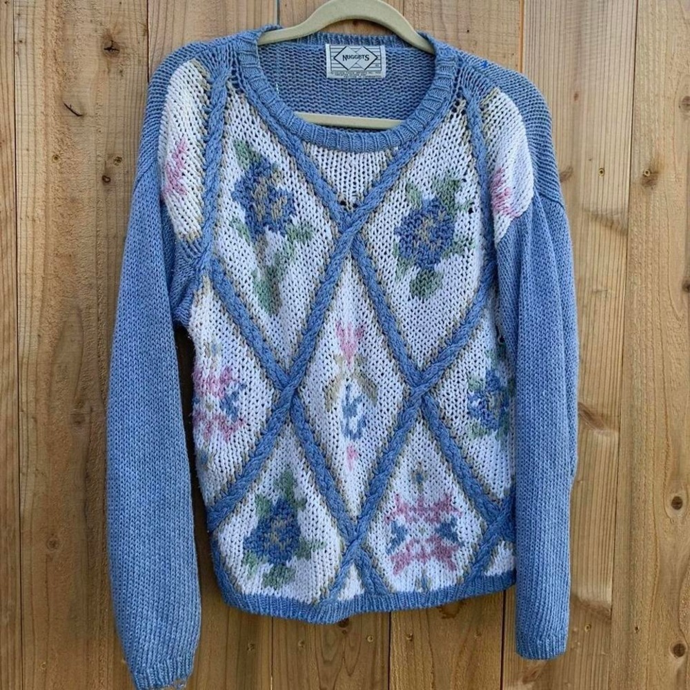 Vintage nuggets sweater, medium, blue white, granny fall winter cottagecore